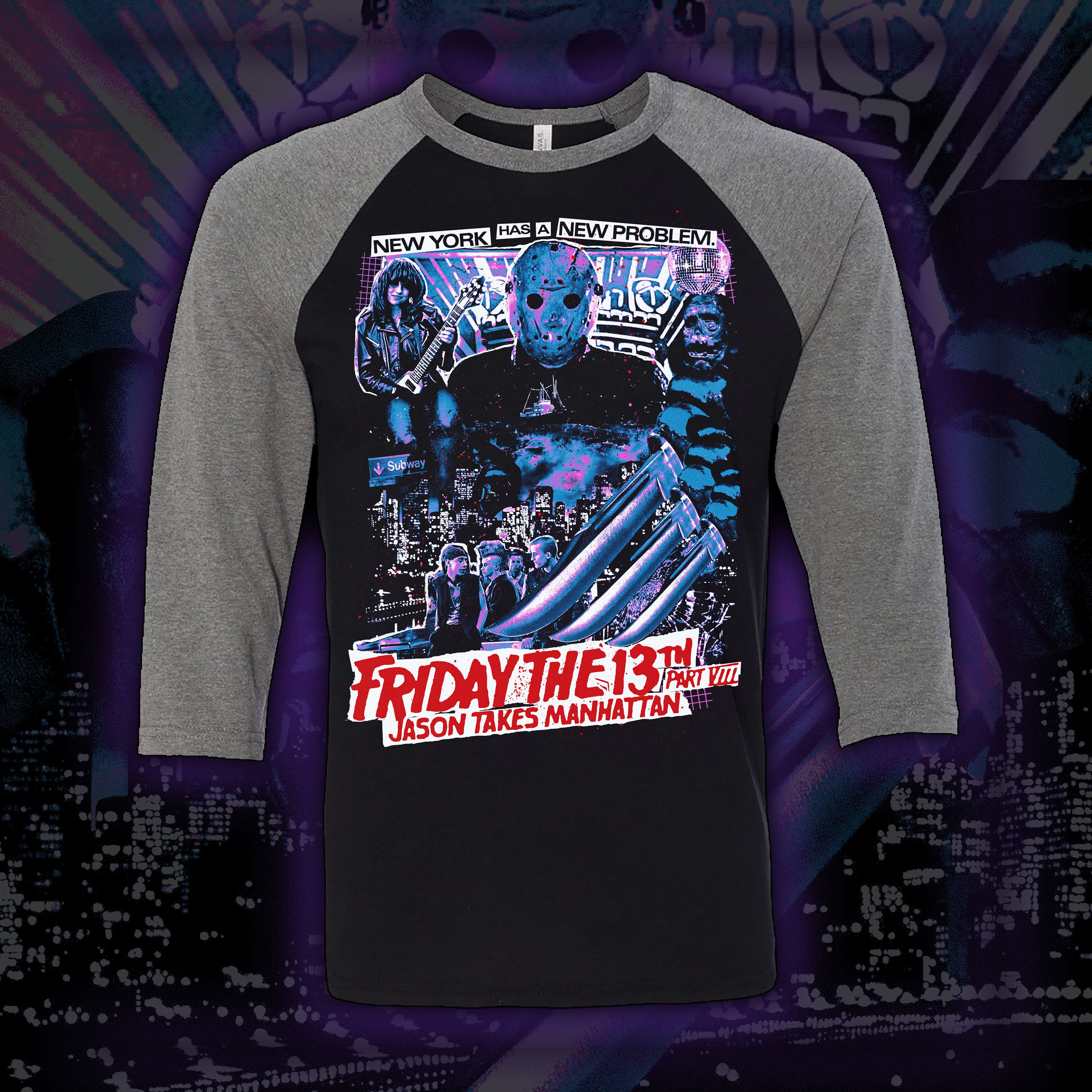 PRE-ORDER: Friday the 13th: Jason Takes Manhattan – Baseball tee